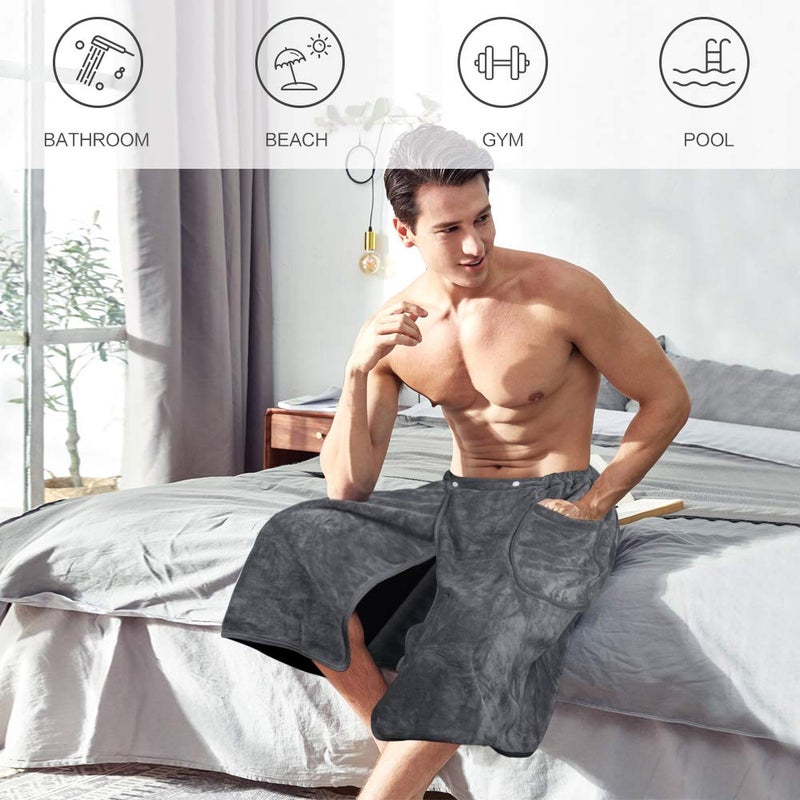 SINLAND Microfiber Menâ€™s Bath Wrap Water Absorbent Quick Dry Spa Sauna Wrap Around Towel Bath Towels with Adjustable Snap on Closure 24inch x 63inch Grey - Image 4